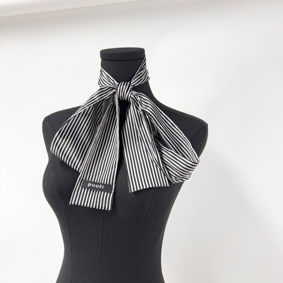BLACK AND WHITE STRIPED SATIN SCARF / BELT - Picture 4 of 7